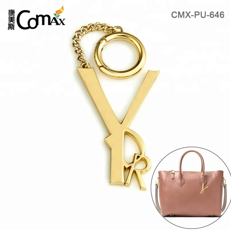 Custom Hanging Gold Metal Letters Logo Tag with Chain and Spring Hook for Handbag