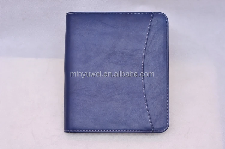 
fashion blue leather Business portfolio A4 genuine leather portable briefcase zip around a4 file folder office gifts 
