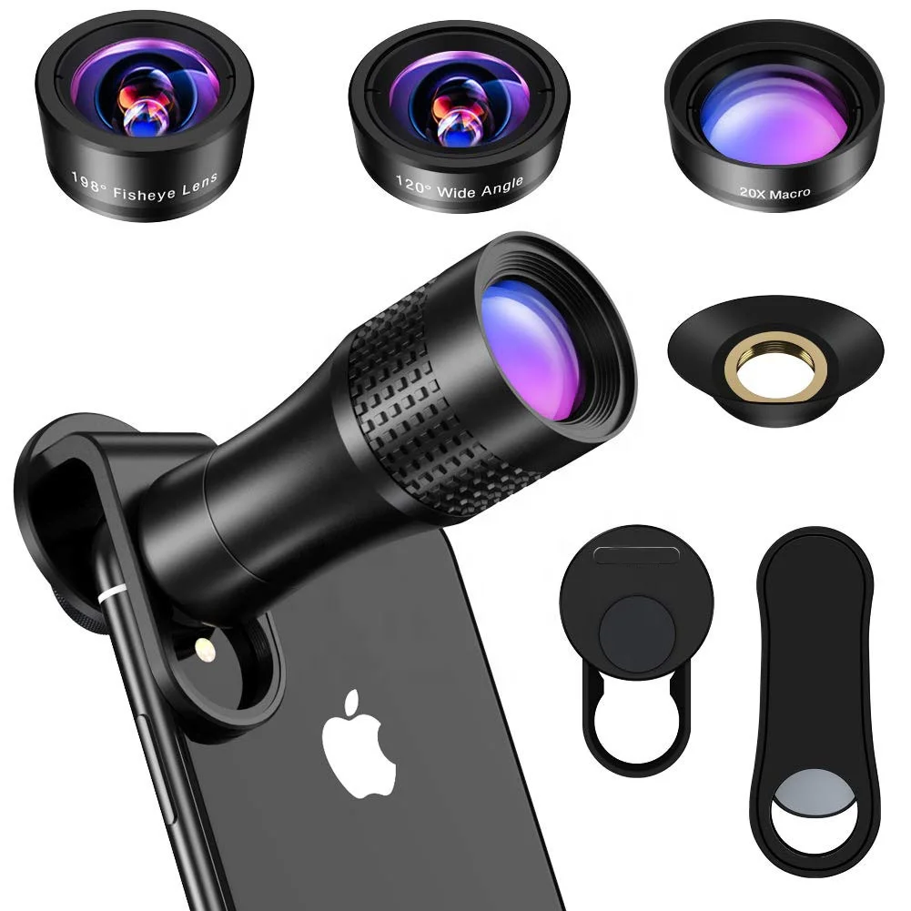 14X Aluminum telescopic selfie telephoto lens fisheye wide macro lens 4 in 1 phone camera lens kit for iPhone