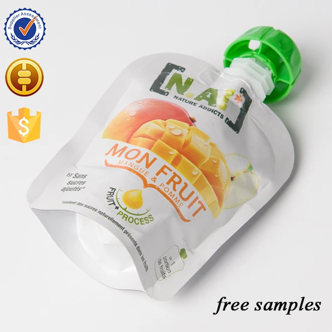 BPA free reusable clear baby food squeeze shaped spout pouch packaging bag for fruit juice with big screw spout