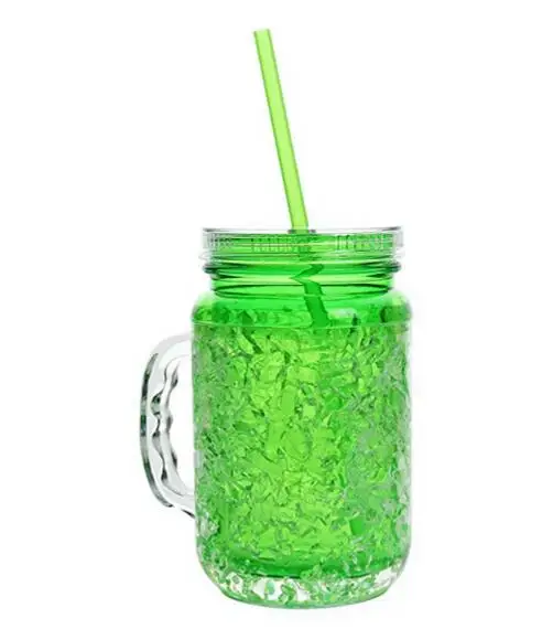 Plastic Mason Jar Frosty Freezer Mug, Double walled Gel Crystals with lid and straw, Great soda Beverage Mug
