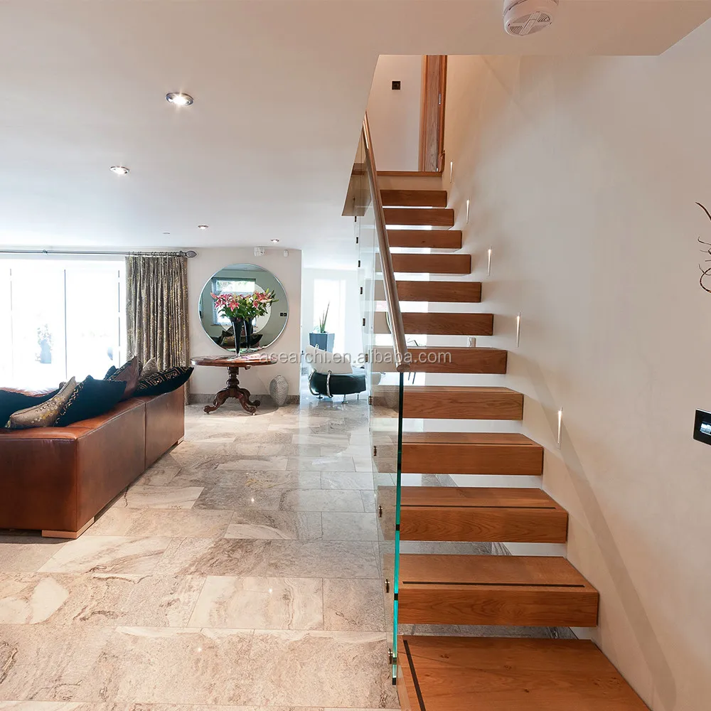 Contemporary Floating Staircase with Wood Tread Invisible Stringer Straight Stairs