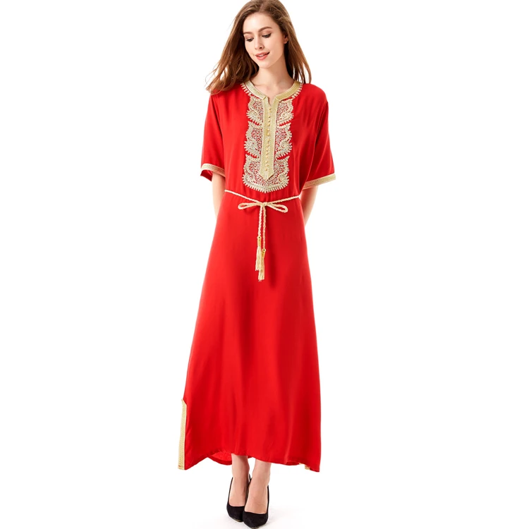 A3320 Women malaysia muslim moroccan embroidery short sleeve caftan abaya jilbab