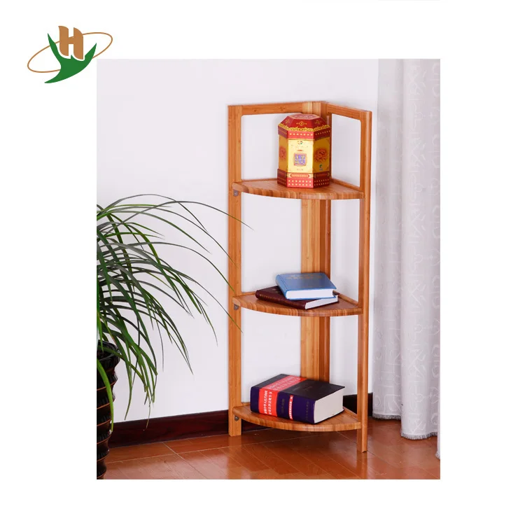 Natural living eco style 3 tiers triangle wood bamboo living room corner shelf rack