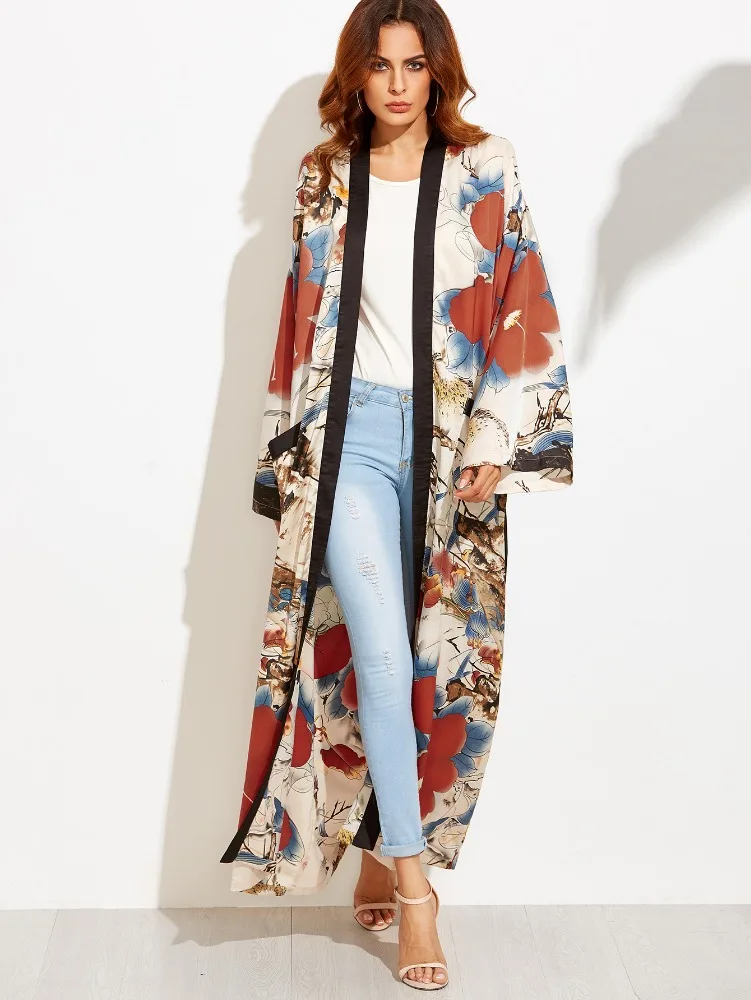 2018 Spring floral printed beach maxi kimono