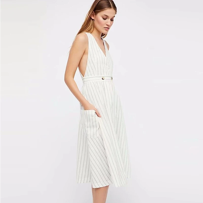 
Maxnegio Apparel Manufacturer White Striped Sleeveless Ladies Casual Dress 