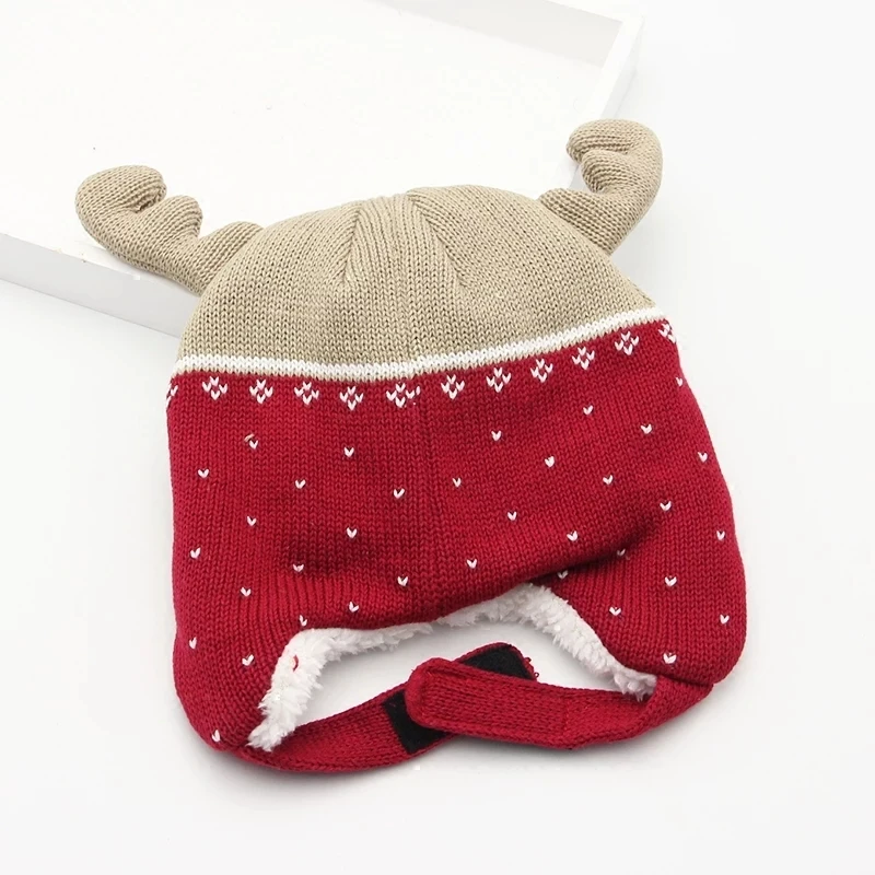 Hot sale baby kid child Checked Earflap Winter warm jacquard Christmas reindeer Trapper Hat polar fleece lining hat