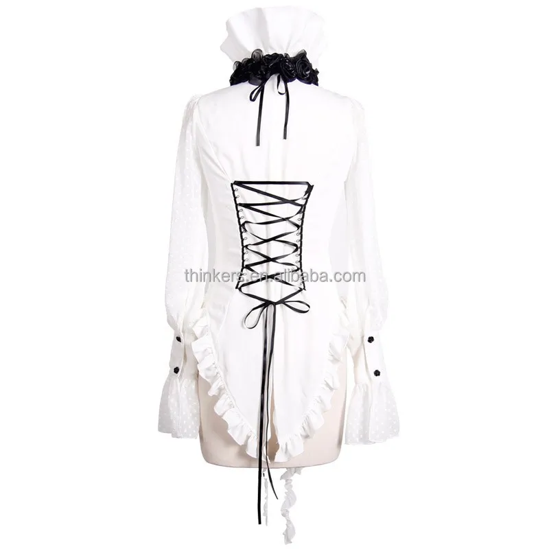 SHT00202 Devil fashion lotus leaf collar elegant women lace up white gothic chiffon blouse