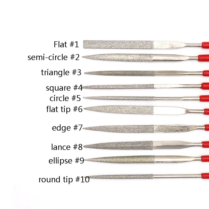 Hand Tool Good Quality 10 Pcs Red Diamond Needle File Set with Plastic Handle