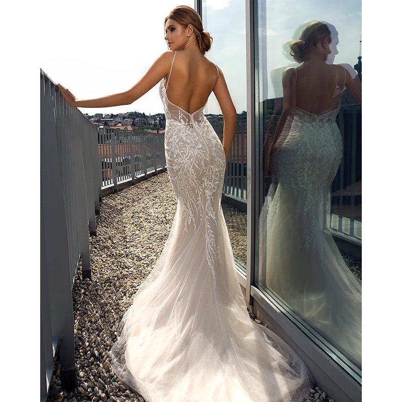 Eslieb A48 V-neckline Sleeveless court train lace  Backless Mermaid Wedding Dress  Beach Dress