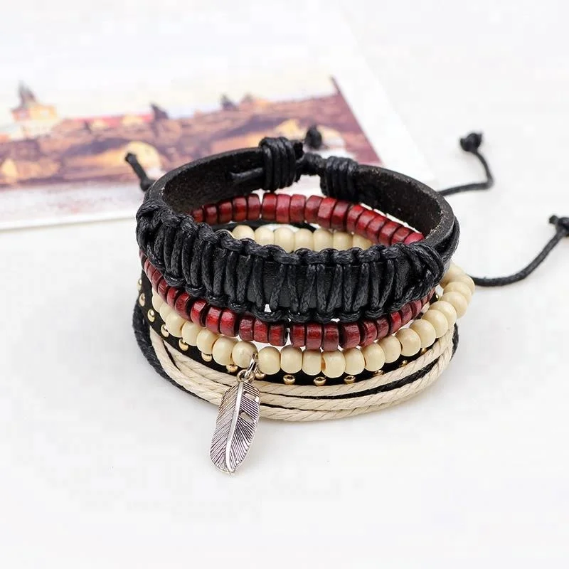 Bohemia Women Men Wood Beads Alloy Feather Charm Layers Rope Stretched Leather Bracelet