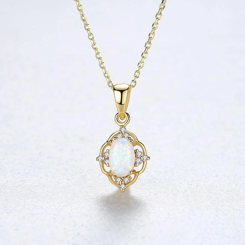 CZCITY 925 Sterling Silver Stylish Necklace Gold Plated Fashion Girls Fire Opal Pendant Necklaces Jewelry