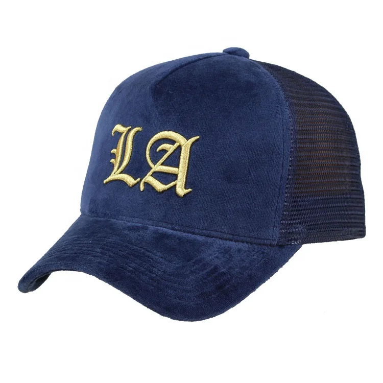 Custom gold embroidery velvet navy blue trucker cap