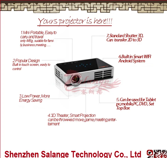 Построить в Android Wi-Fi 3D короткофокусный мини dlp проектор с 1280x800 pixels1000lms, VGA, HDMI , USB, TF, ВИДЕО
