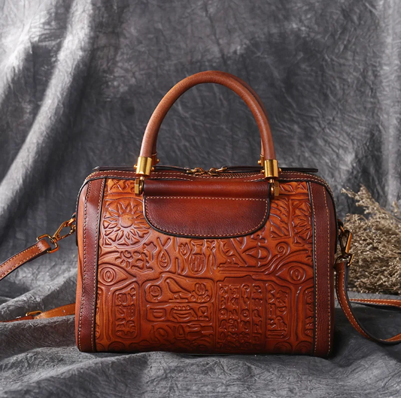 China Supplier 2019 Fashion Embossed Boston Big Capacity Handbags Cowhide Leather Ladies Hand Bags