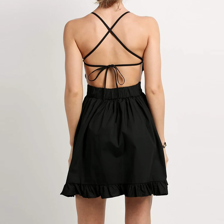 Black Backless Cross Strap Ruffles Hem Dresses Women Lady Sexy