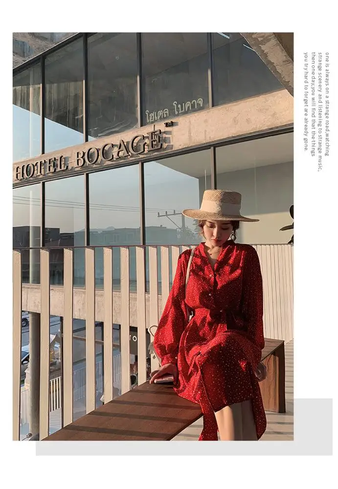 bohemian Polka dot dress French retro dress 2019 spring Victorian chiffon dress button down