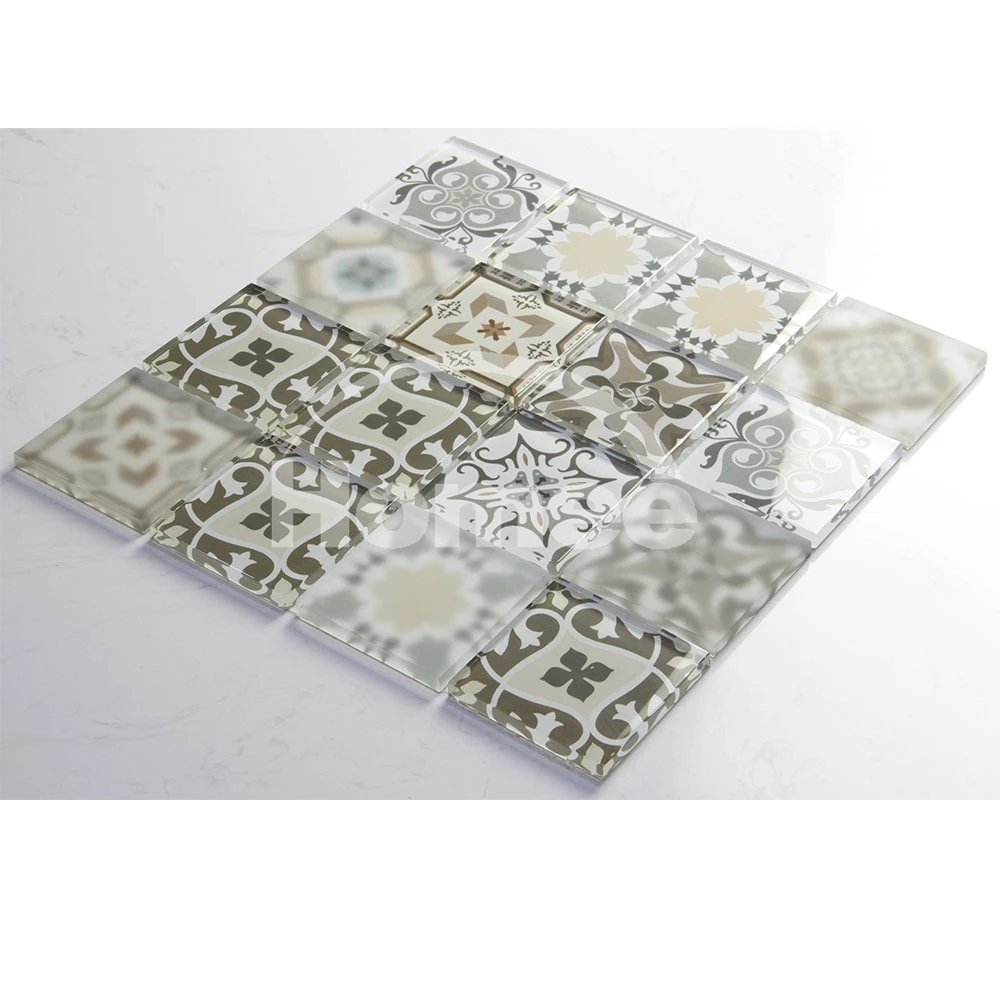 Brown square low price kitchen backsplash wall tile art chip 73x73mm for kitchen backsplash inkjet crystal mosaic glass plates