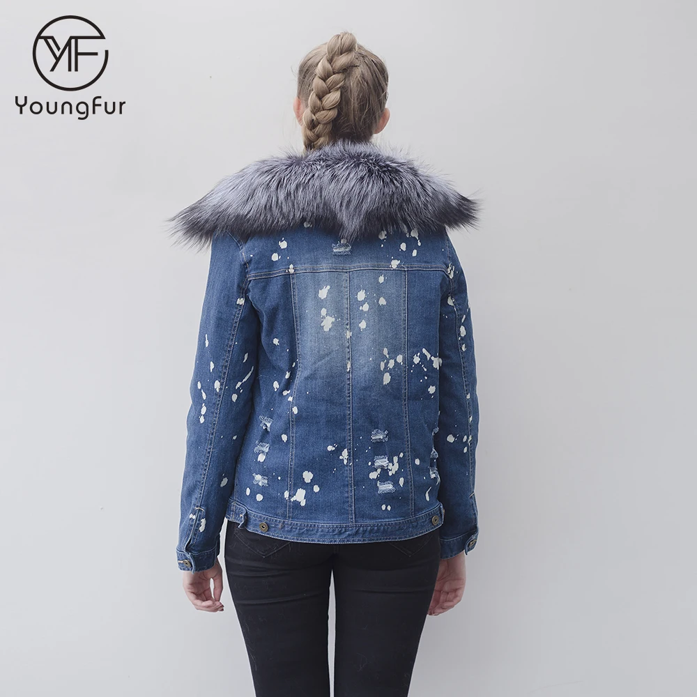 Best selling top fashion winter denim jacket with fur collar and silver fox fur liner