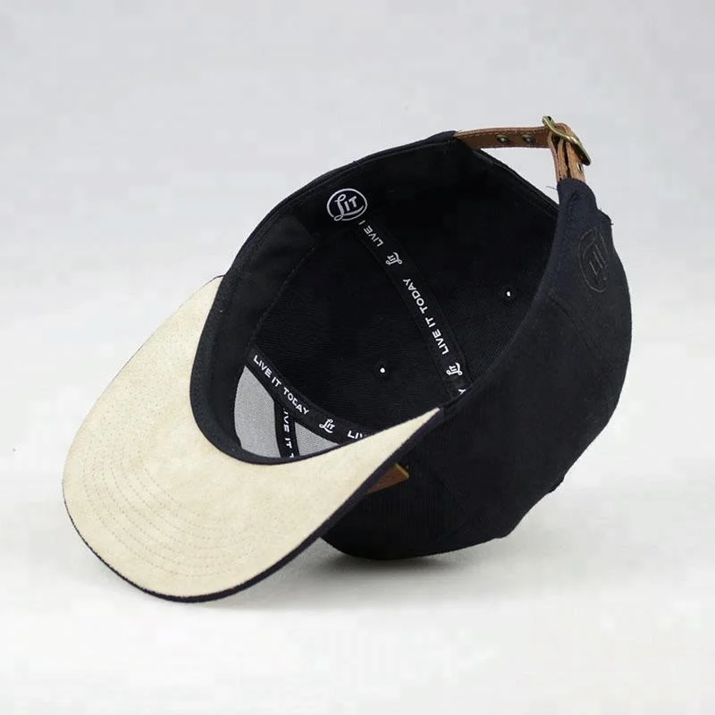 Custom Wool Strapback Black Black 7 Panel Hat Snapback Cap