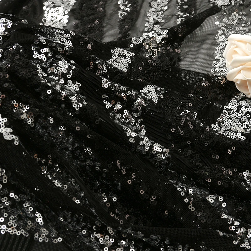 Wholesale polyester fashion breathable dress mesh silver black sequin fabric