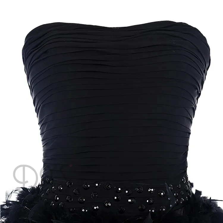 Европейский дизайн, цельное черное коктейльное мини-платье без бретелек с перьями