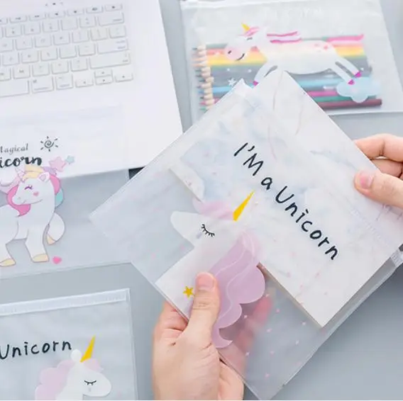 
Young girl heart pink unicorn ring zipper bag transparent pen bag lovely students creative envelope PN2690 