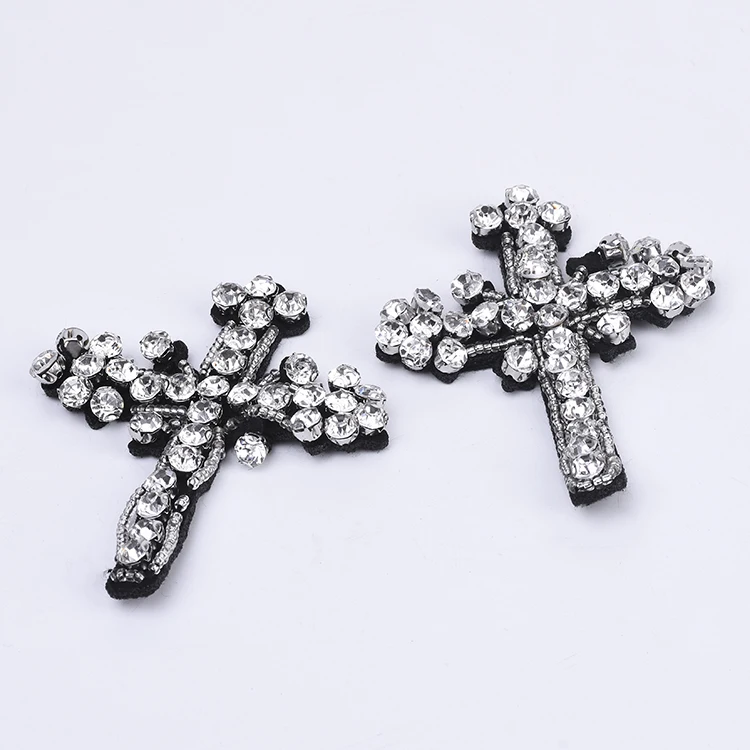 Yongze Fashion Clothing DIY Accessories Big White Rhinestone Beaded Cross Embroidery Patch