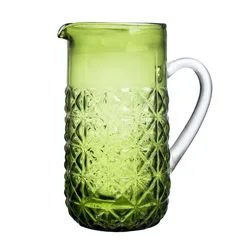 Hand Made Embossed Green Color Drinking Glass Water Jug with Handle