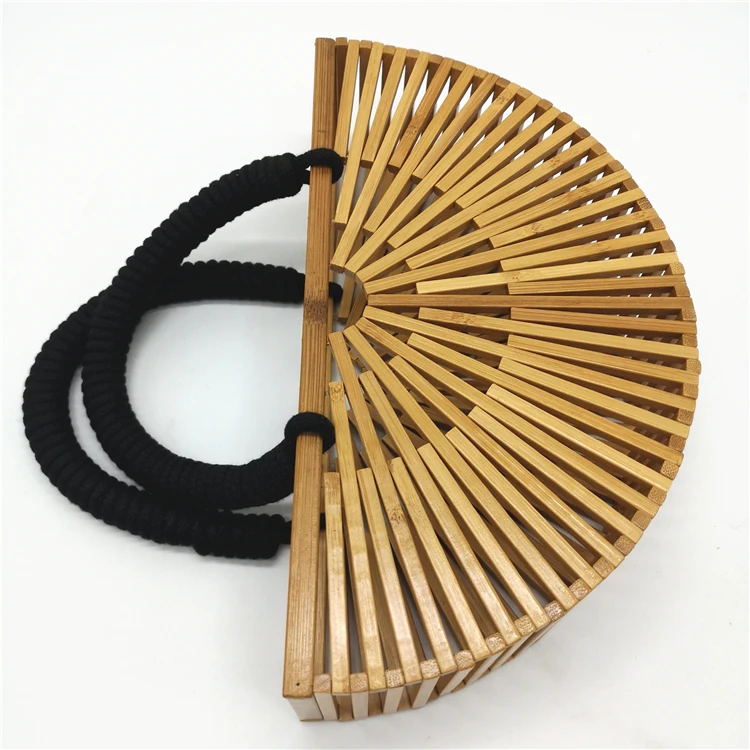 
Ins hot sale bamboo tote bag women beach shoulder half moon wood bamboo rattan handmade weave hollow out clutchbag 
