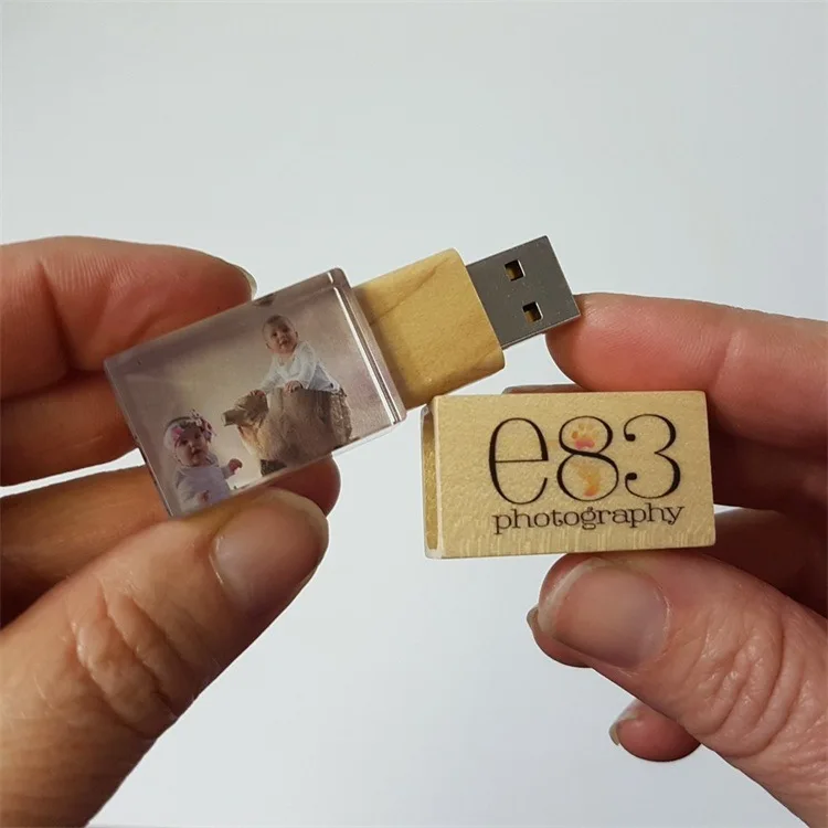 Promotional Gift Customized Laser Engraving Logo Wooden Glass LED Light Up 8GB 16GB 32GB Crystal USB Flash Disk On Key Pen Drive