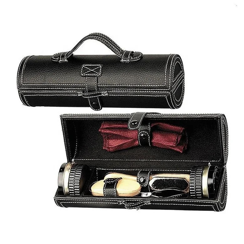 
Travel men shoe polish kit in leather case, compact shoe cleaning tools set, premium shoe shine kit in black storage bag 
