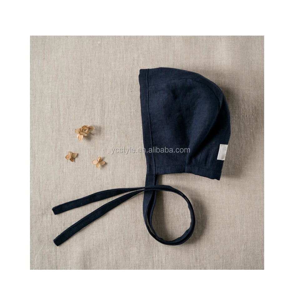 baby boy and girls bonnet ,navy blue natural linen baby hat 0-2T