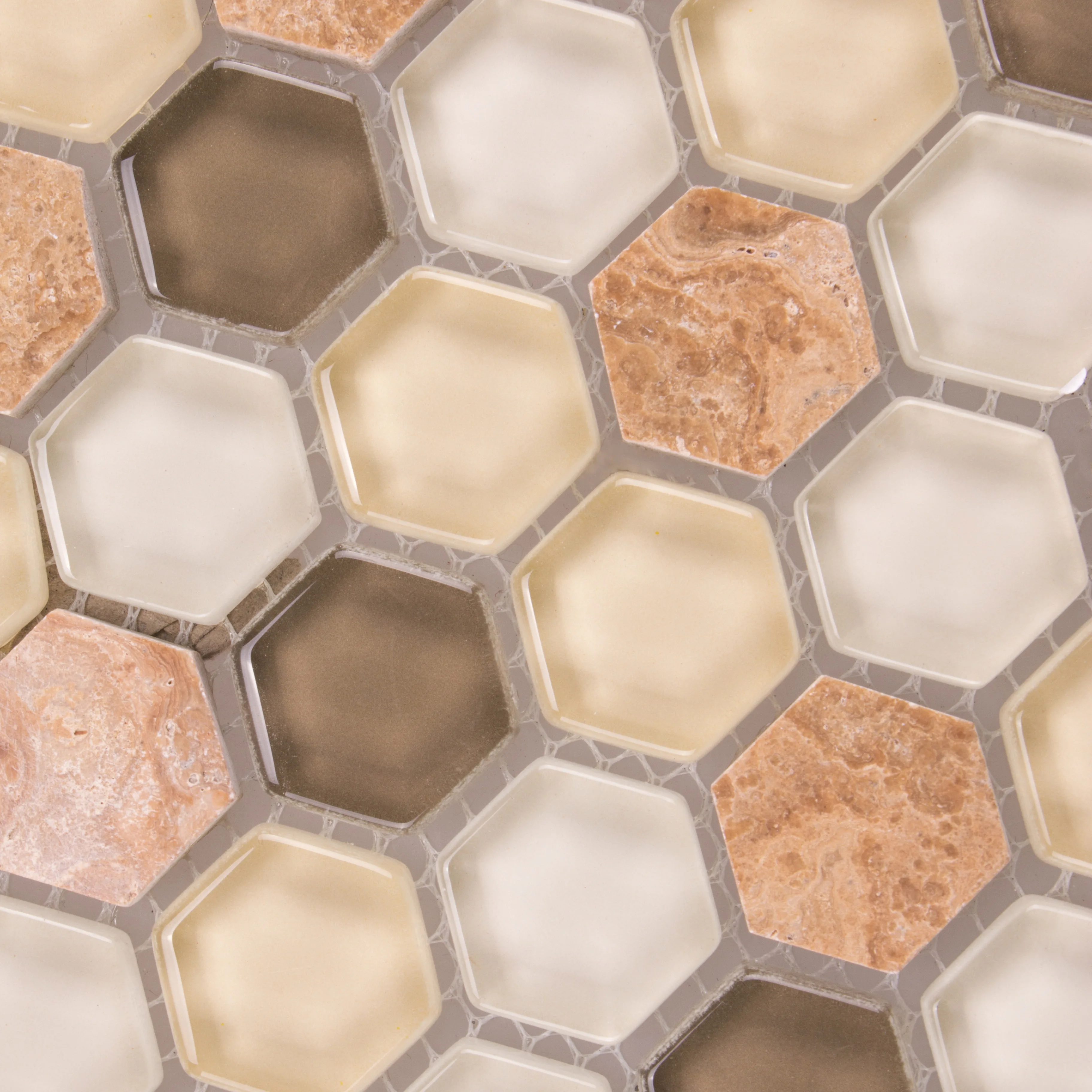 Orange brown color water jet hexagonal marble stone glass mosaic tiles