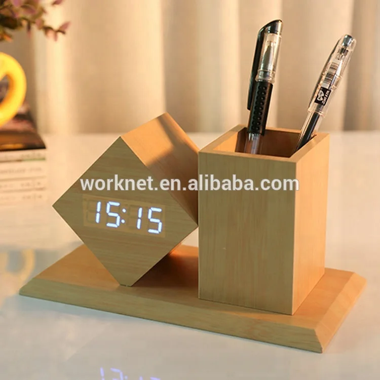 Wholesale Office Alarm and Thermometer Crystal Stand Digital Desk Table Wooden Clock with Pen Holder For Promotional Gift