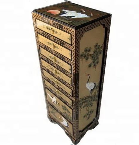 
Gold crane pine lacquer oriental furniture 