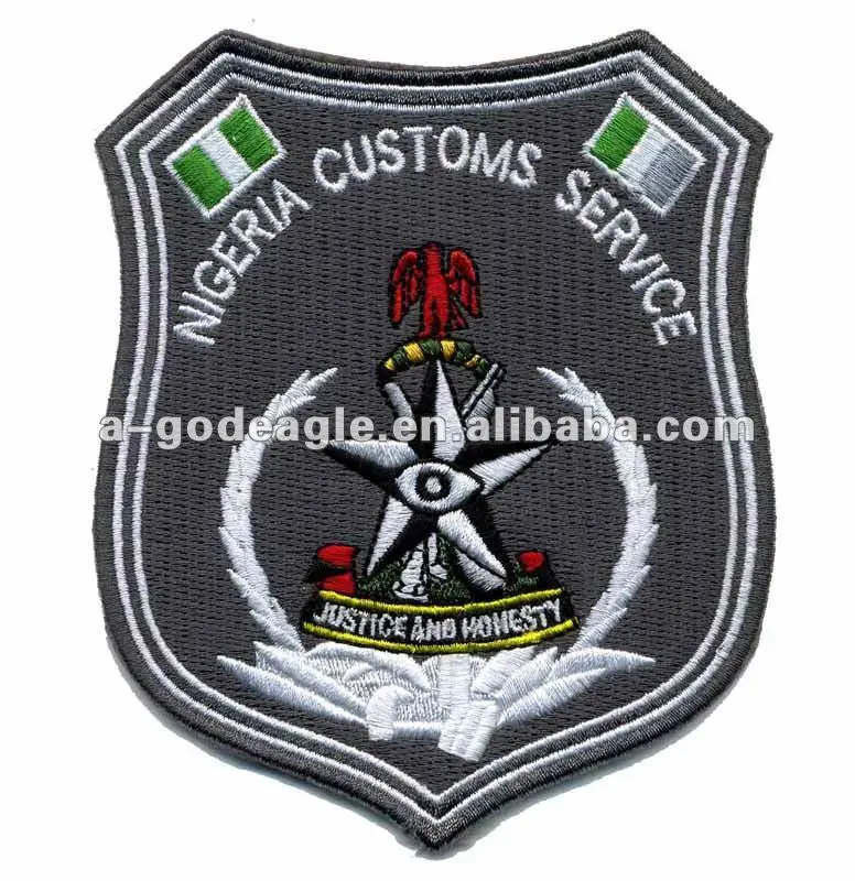 GED00023 full embroidery patch laser cut border with heat seal backing Nigeria customs service justice and honesty