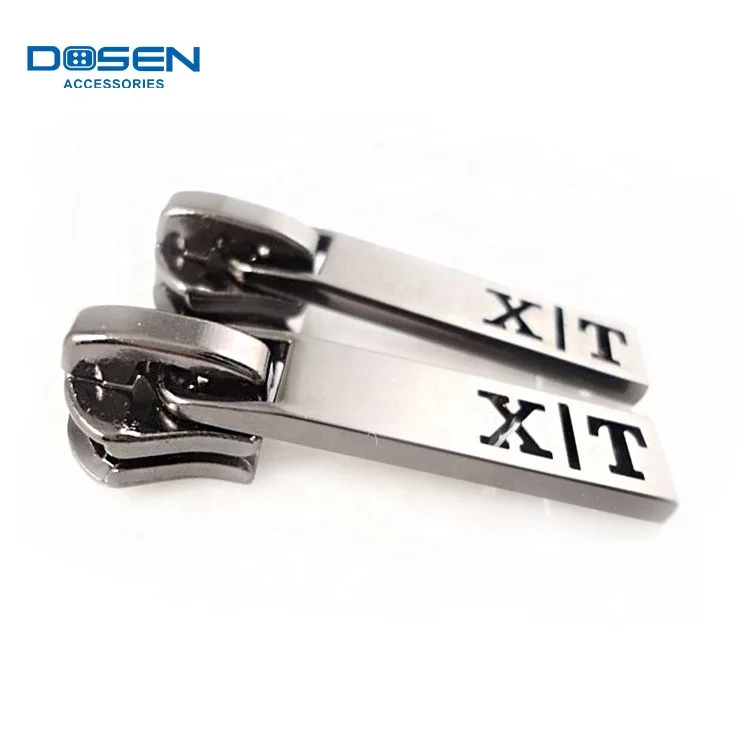 Gunmetal Shiny Surface Custom Stamping Logo Rectangle Shape Zipper Slider Zipper Puller