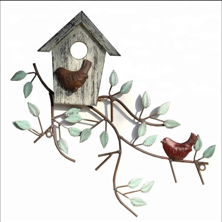 Metal bird branch birdhouse wall art