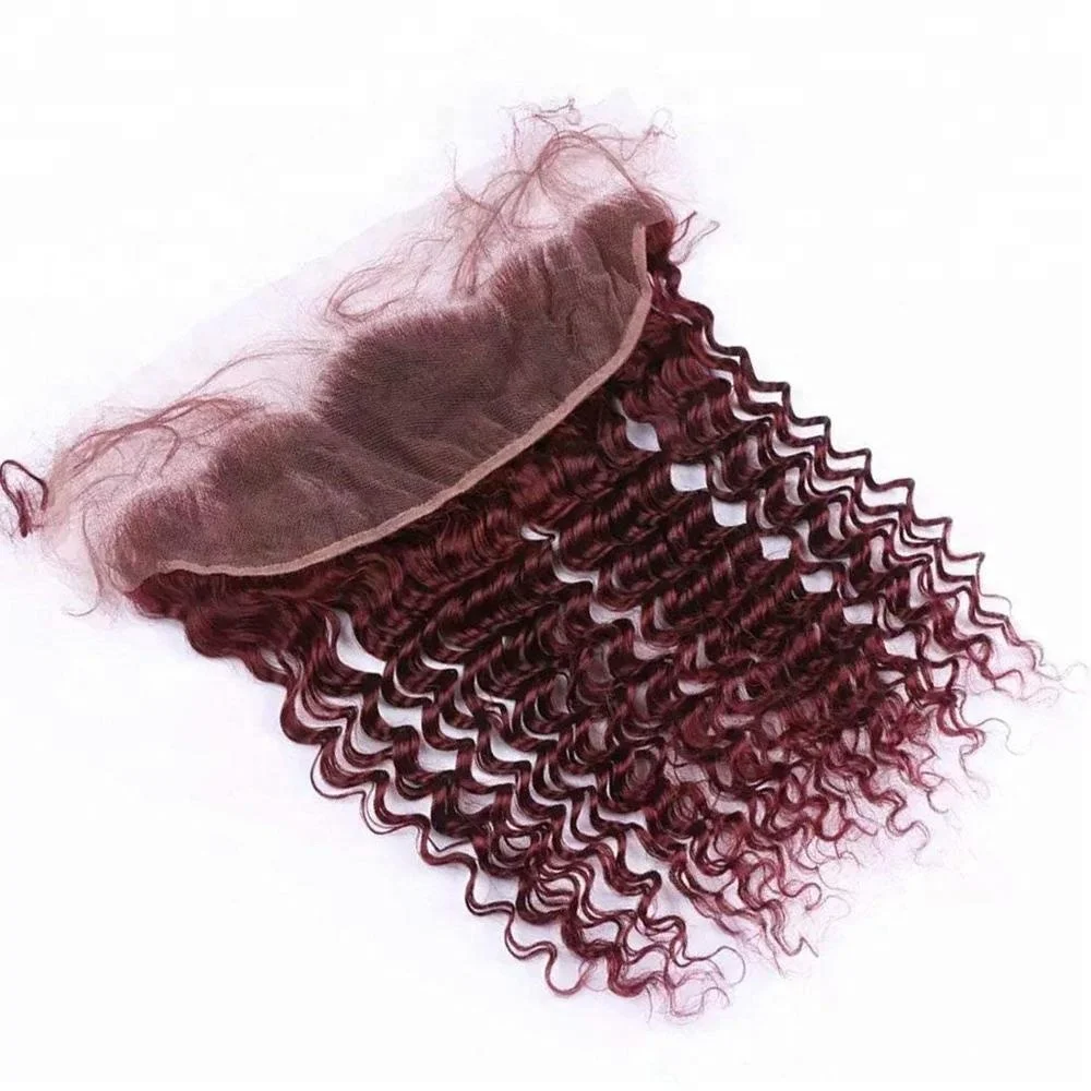 Burgundy Deep Wave Brazilian Virgin Hair Weave With 13*4 Lace Frontal Closure #99J Wine Red Deep Curly