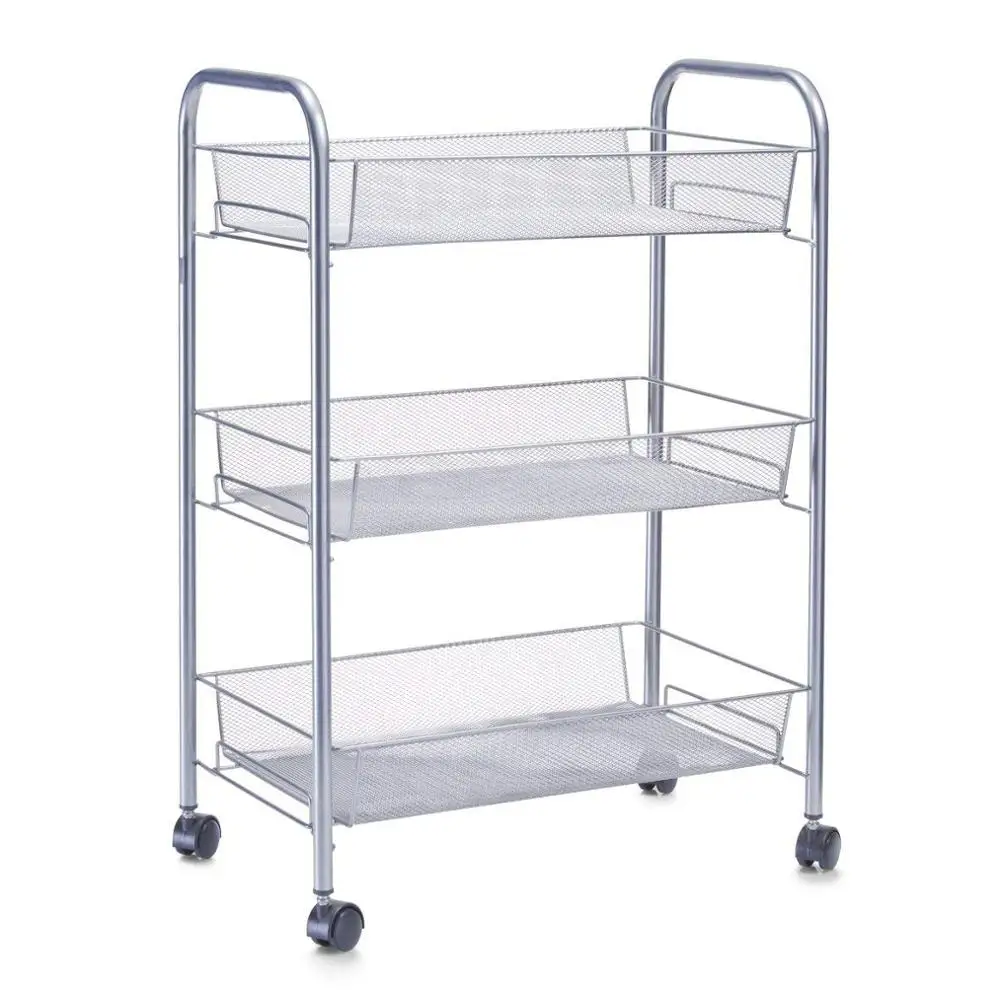 Kitchen and bathroom metal mesh storage trolley with rolling wheels shelving serving cart