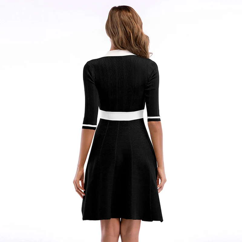 2019 graceful office lady dresses assorted color bow-tie collar half sleeve slim ball gown knitting women career dresses