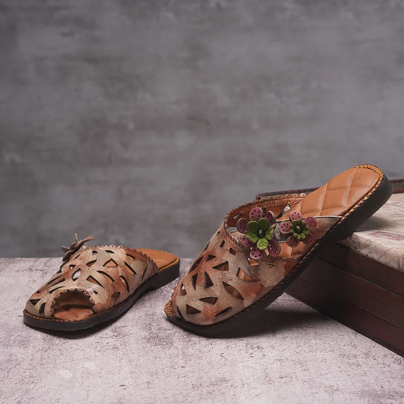 
New floral flower pattern hollow out fish mouth genuine leather comfortable casual sandal slipper for woman lady girl summer 