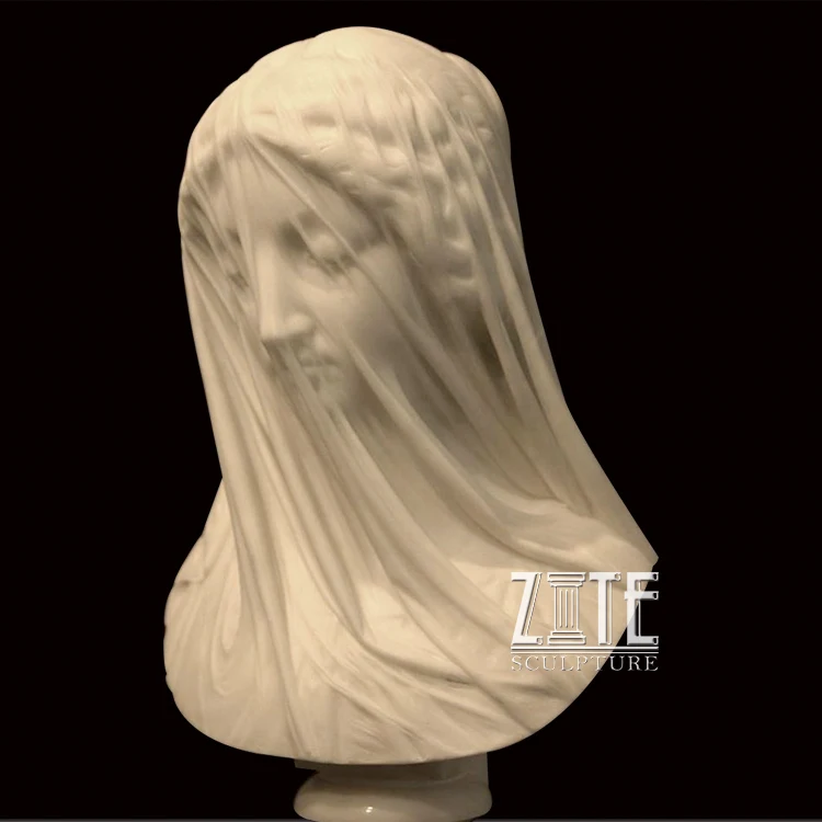 Beautiful Hand Carved White Marble Veiled Woman Girl Bust Statue Human Head Sculpture