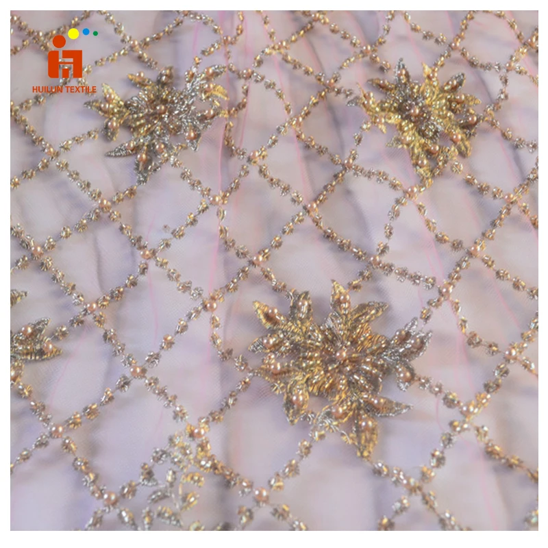 HLSD184# recycled polyester hand beaded mesh tulle sequin bead embroidery lace fabric