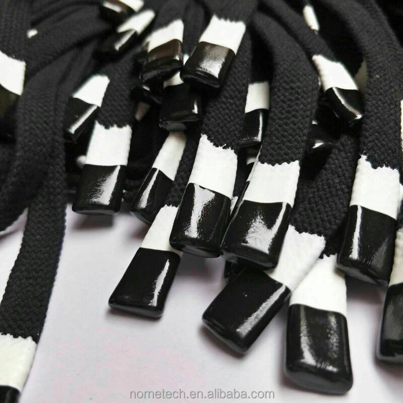 
8 мм черные плоские хлопковые или полиэфирные шнурки для обуви с черно-белыми силиконовыми наконечниками 