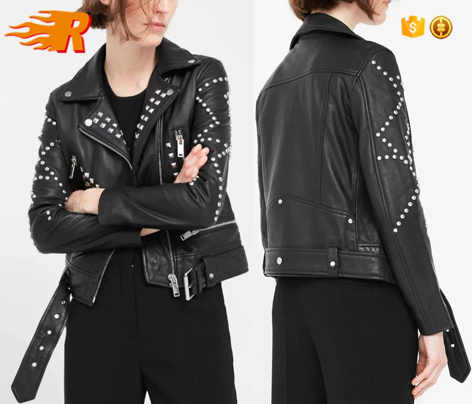 Wholesale Custom Punk Studded Biker Faux Leather Jacket Women