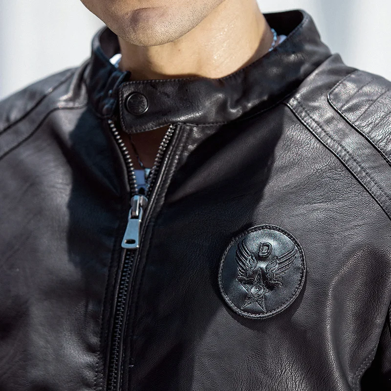 Men Slim Fit Black PU Leather Windbreaker Motorcycle Full Zip Up Track Jacket