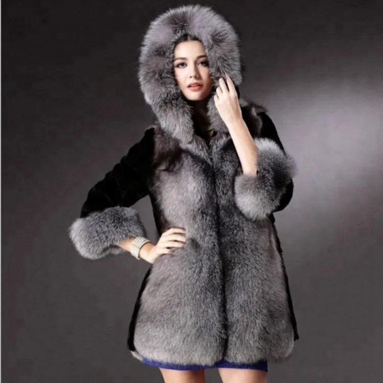Luxury design women long sleeves with genuine silver fox fur coat