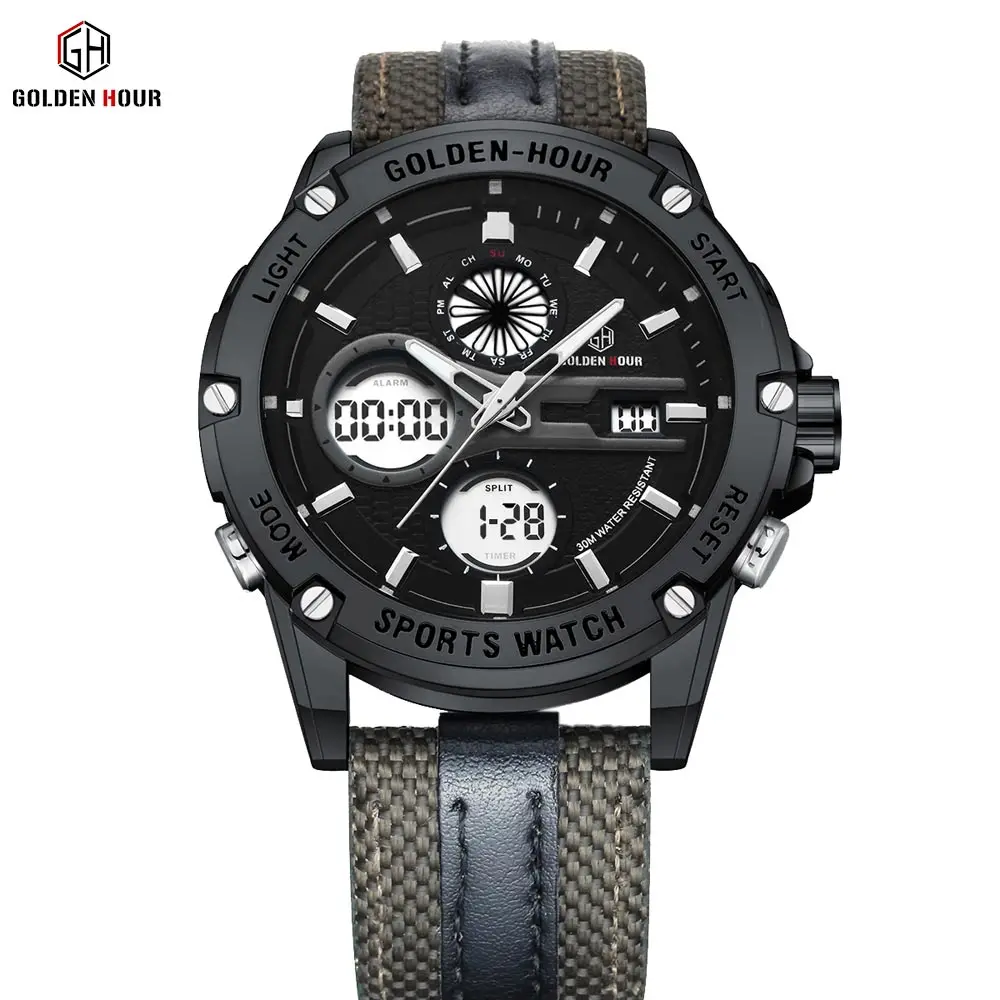 
GOLDEN HOUR Waterproof Big Dial Watch For Men Luxury Brand LED Military Fashion Best Digital Waterproof Sport Watch for man 